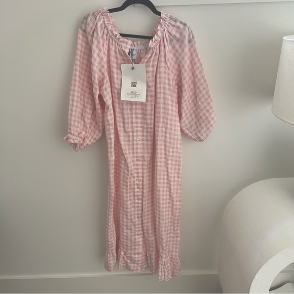 Sleeper Women’s Linen Lounge Dress Puff Sleeve Ruffle Hem in Pink Check - Picture 3 of 8